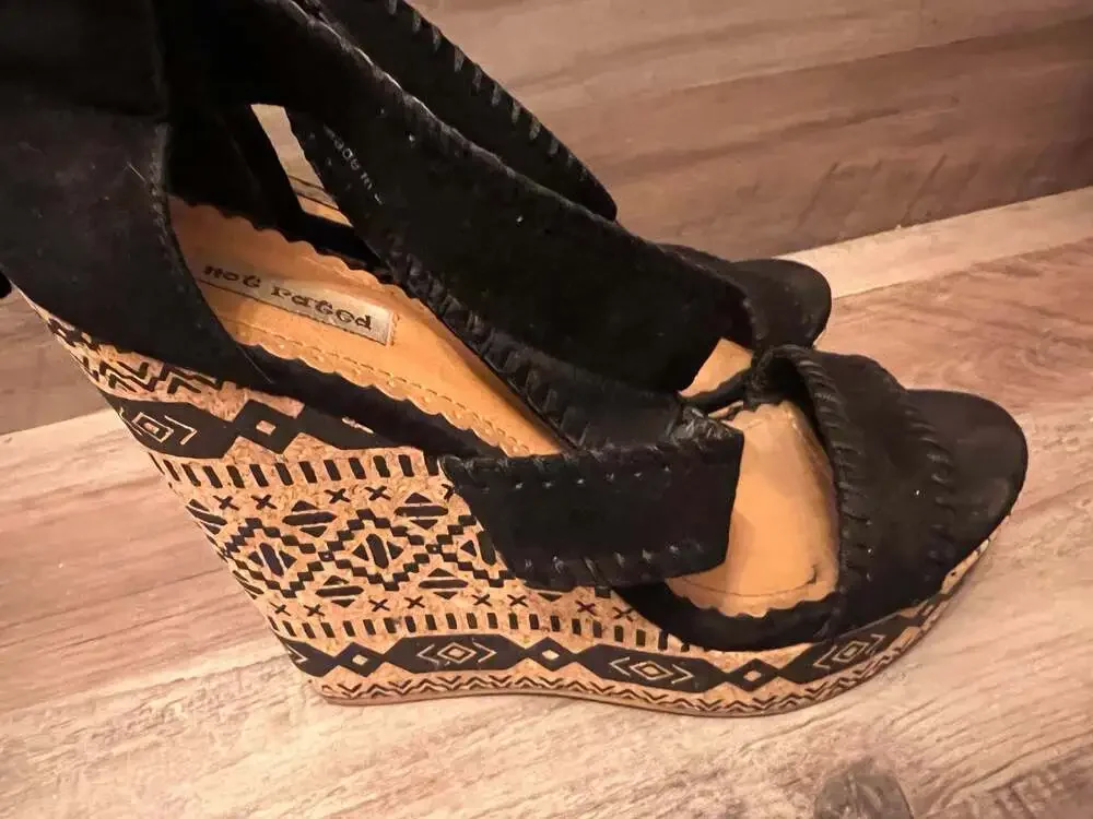 Not Rated Black Suede Wedge Sandals with Geometric Pattern